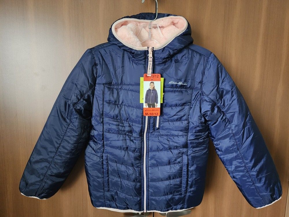 Eddie Bauer Deer Harbor Reversible Coat Jacket with Hood Navy Blue Pink Fluffy Girls M-10/12. New.
