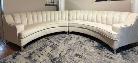 Luxury Cream Curved Velvet Sectional Sofa 141” – Retail $1,699