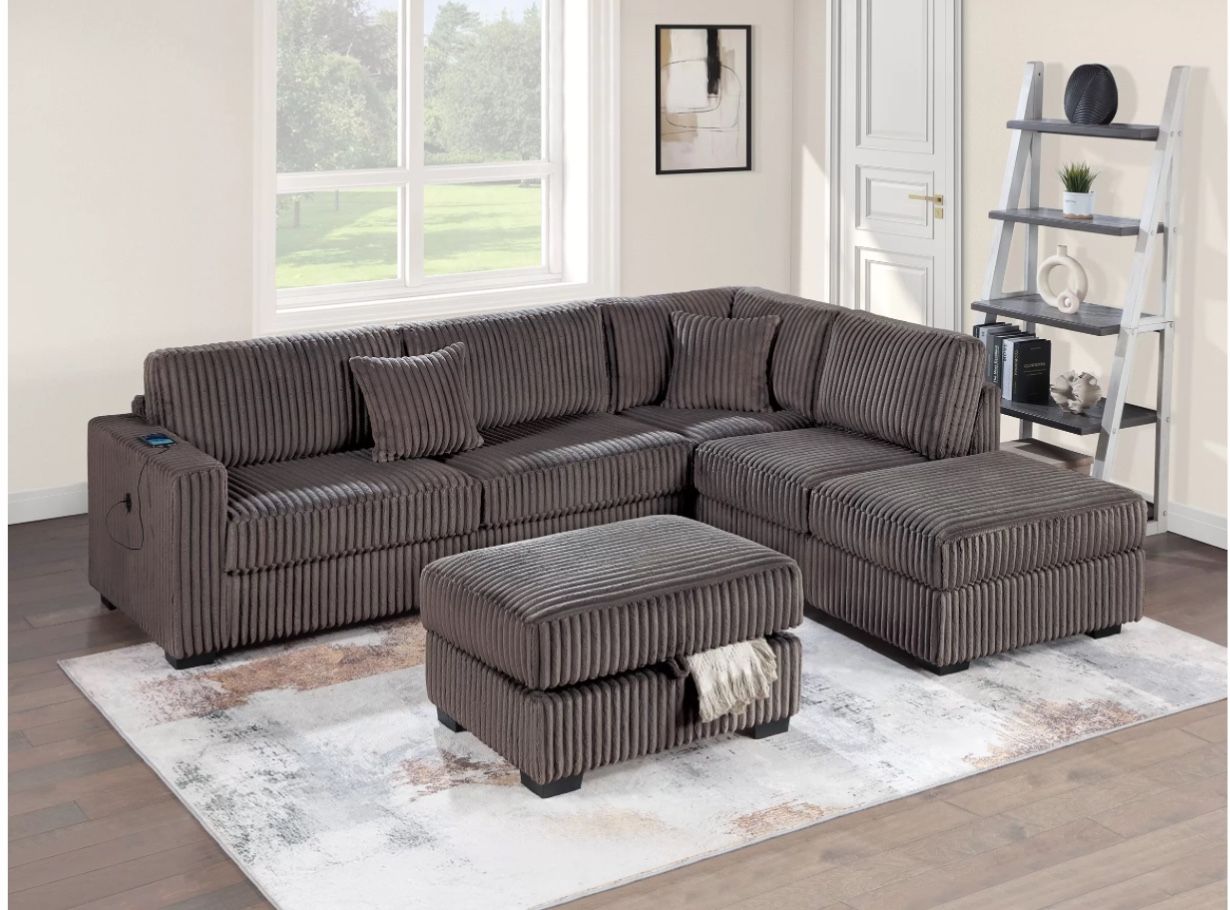 3-Piece Reversible Sectional Set W/ Ottoman Reversible Chaise + Sofa W/USB + Storage Ottoman