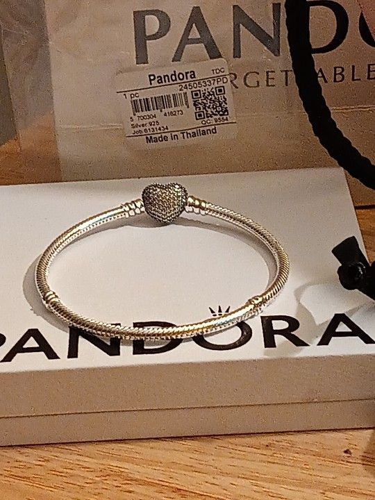 Pandora Authentic New Sterling Silver 7.5 Heart Bracelet Half Cz Half Signature Bracelet