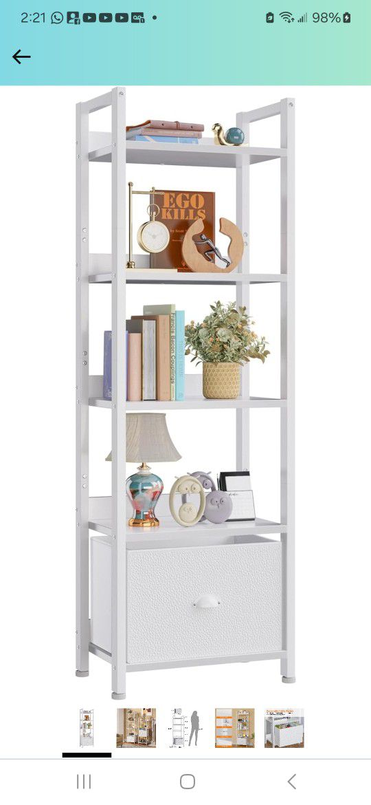 Furologee 5 Tier Bookshelf with Drawer, Tall Narrow Bookcase with Shelves, Wood and Metal Book Shelf Storage Organizer, Modern Display Standing Shelf 