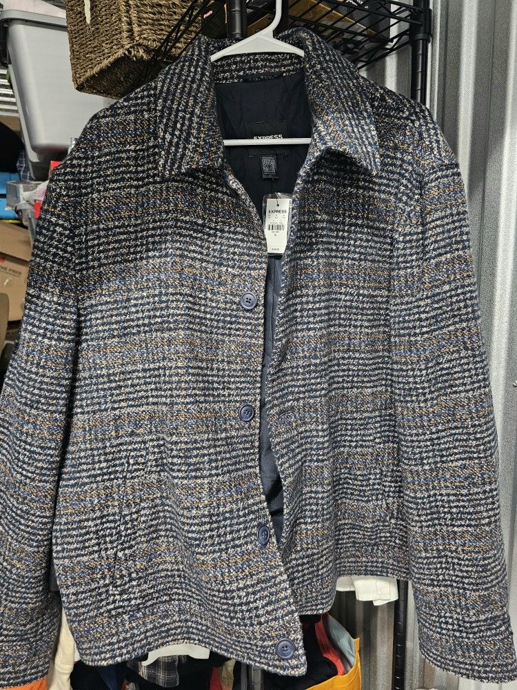 EXPRESS BLUE PLAID WOOL BLEND BUTTON CHORE BUTTON JACKET