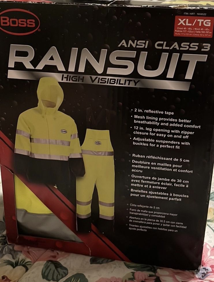 BOSS High Visability ANSI Class III Rain Suit Jacket and Bib, Men’s Size XL