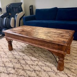 Vintage Rustic Hand-Carved India Reclaimed Teak Wood Coffee Table with Wrought Iron Details