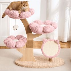 Cat Catio, Pink, 30 inch aesthetic flower cozy cat tree with scratching post and solid wood branch, NEW
