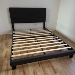 Allewie Queen Size Platform Bed Frame with Fabric Upholstered Headboard and Wooden Slats Support