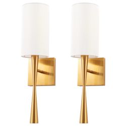 MhyTogn Modern Antique Brass Brush Paint Finish Wall Sconce Set Of 2, With Creamy-White Fabric Straight Shade For Vanity Stairway Fireplace Kitchen Li