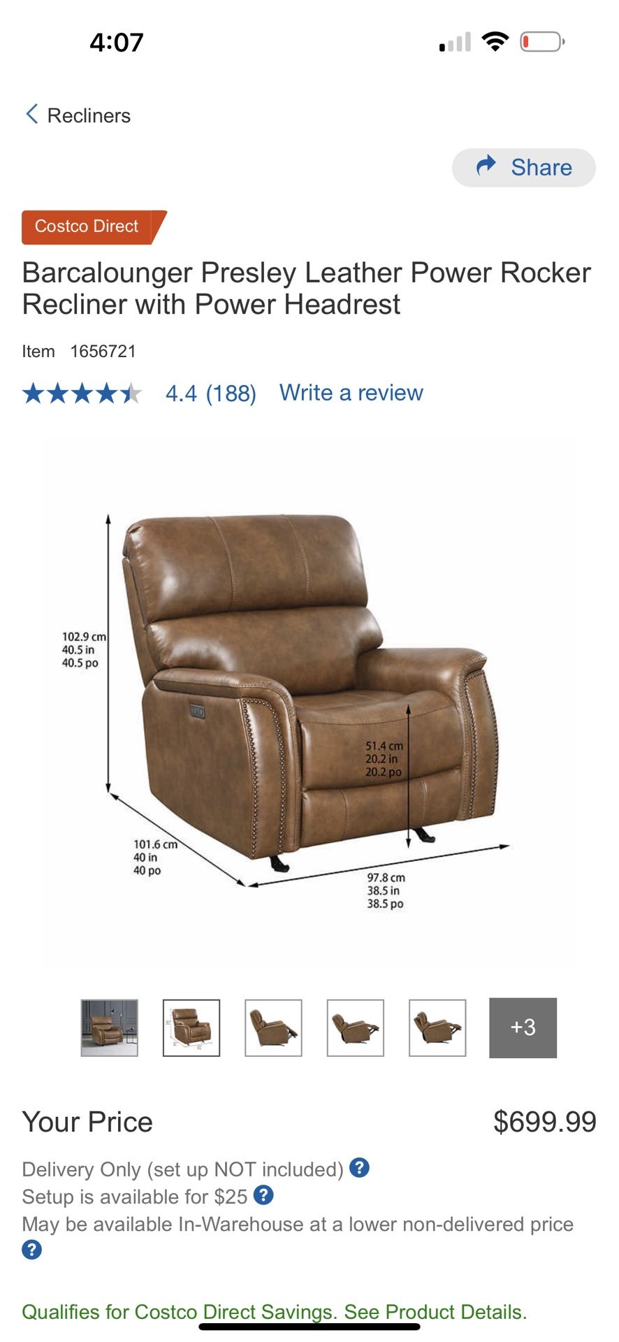 Barcalounger Presley Leather Power Rocker Recliner with Power Headrest