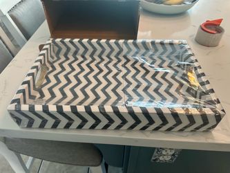 Black and White Chevron Decorative Tray with Gold Handles