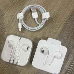 2 Pairs Of Apple EarPods With Lightening Connector + Apple Charger Lightening Cord 