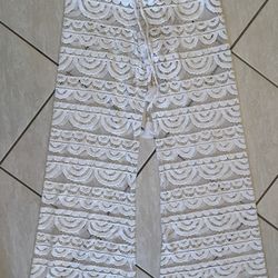 PilyQ White Lace Beach Pants XS/S Crochet Sheer Swim Cover Up Resort Boho Tassel