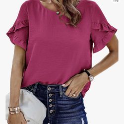 ECOWISH Womens Casual Ruffle Tops: Short Sleeve Summer Blouses Soild Crewneck Tunics Shirts
