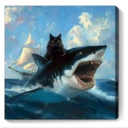 Cat Riding Shark Wall Art Funny Cat Canvas  Animal Poster Funny Shark No Frame 
