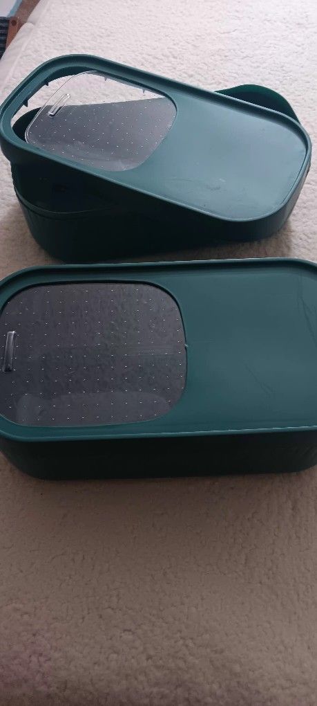 Qty 2# Hard Plastic Containers With Sliding Lid & Wheels
