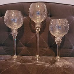 Set of 3 Embossed Glass Stem Goblet Candleholders 