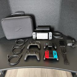 Nintendo Switch 1 Console, 2 Pro Controllers, 2 JoyCon Sets, 256 Micro SD, Carrying Case