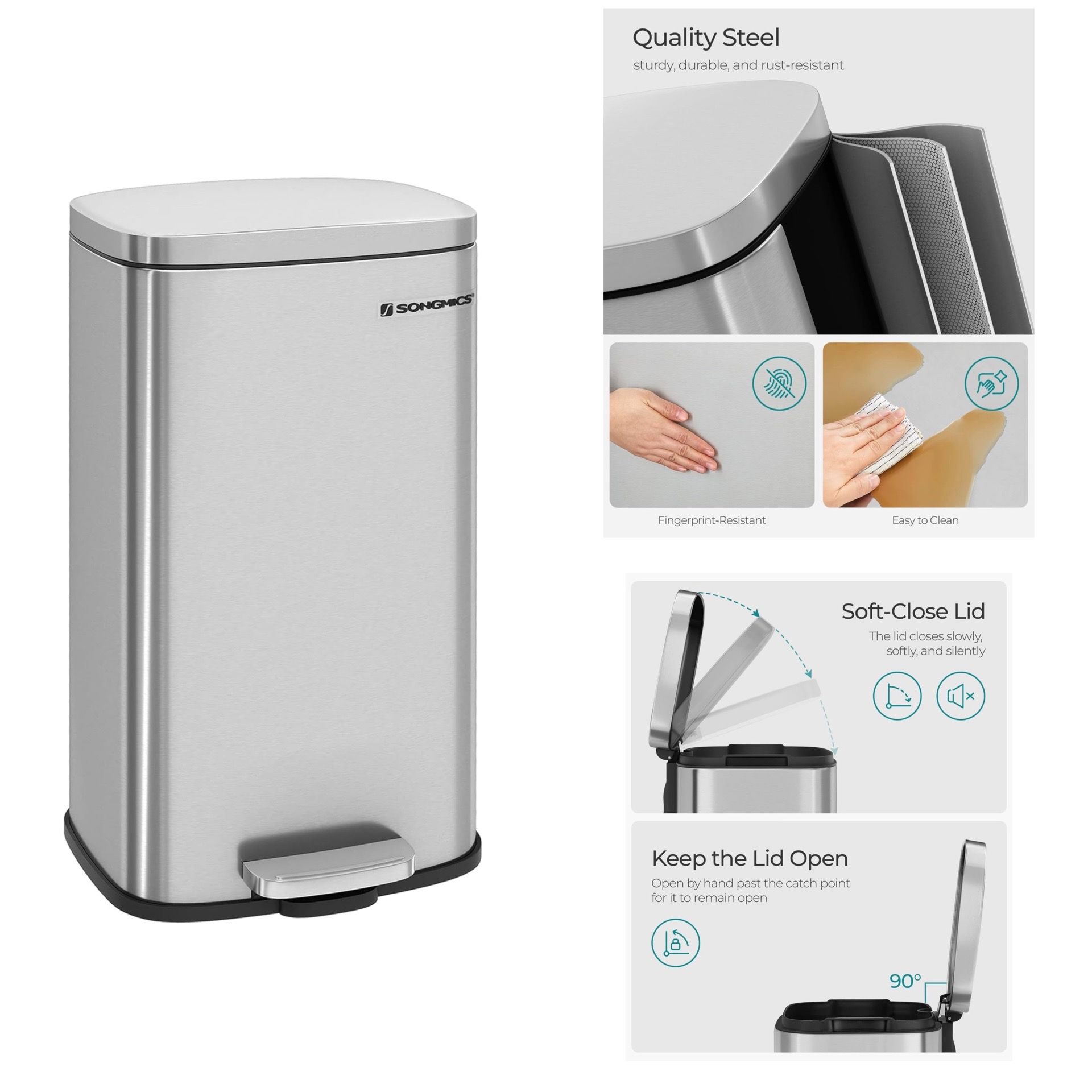 Trash Can with Lid, 8 Gallon Garbage Can, Stainless Steel Small Waste Bin with Step Pedal and Inner Bucket, Soft Close, Kitchen, Silver ULTB03NL