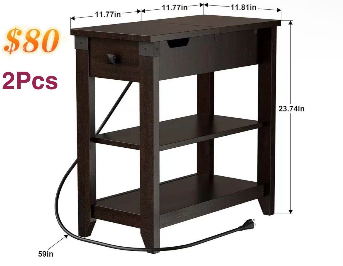 ✌️ Espresso Set of 2 Narrow End Tables Flip Top Side Tables Farmhouse Nightstands Sofa Bedside Tables with Charging Station with Storage for Small Spa