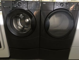 Black Kenmore Elite Front Load Washer & Dryer With Pedestals