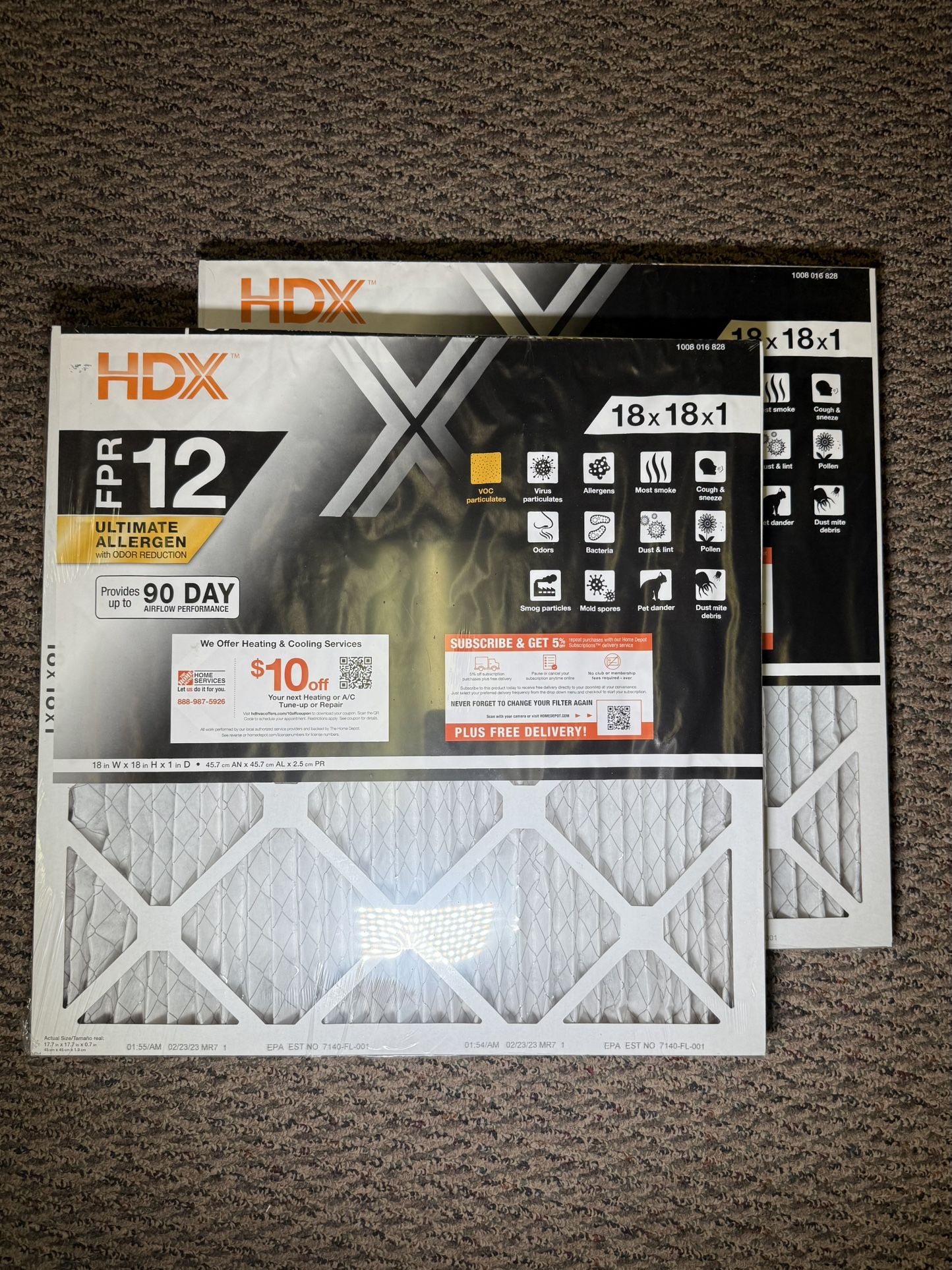 ⭐️ HDX Ultimate Allergen Pleated Air Filters, FPR 12, MERV 13, 18" x 18" x 1", Pack of 2 ⭐️