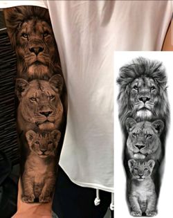 Extra Large Full Arm Size Body Art Temporary Tattoo Black 3d Solid Style Lion Father Mother Child Family Pattern,Lasts 2-5 Days