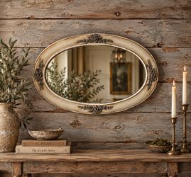Antique French Style Oval Mirror Ornate Floral & Aged Patina Wall Hanging Wood Framed Vintage Deco