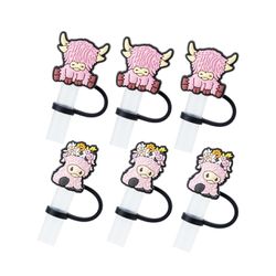 Set of 6 Pink Highland Cow Straw Covers Compatible With Stanley & More 30-40oz
