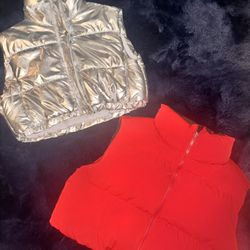 🧥🔥 2 Trendy Puffy Vests – Silver Metallic & Bold Red 🔥🧥