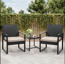 3pcs Rattan Bistro Set, Outdoor Patio Furniture Conversation Set Featuring 2 Chairs And 1 Safety Glass Top Table, with Plush Cushions, on, Perfect for