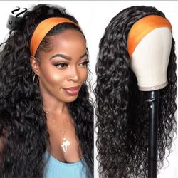 Hair Headband Wig Human Hair Headband Scarf Wig Water Wave Human Hair Wigs for Women No Glue No Sew In Beginner Friendly