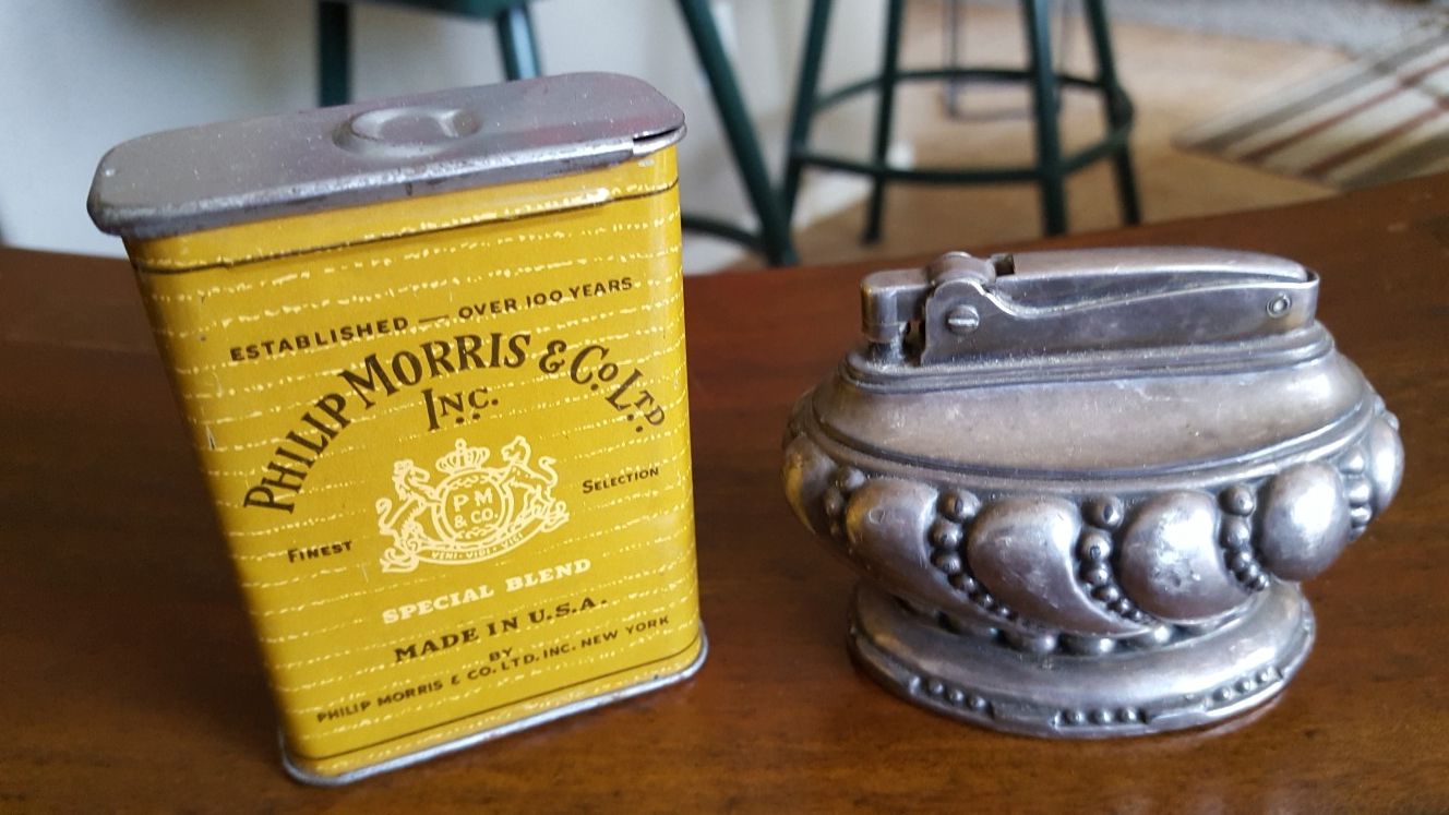 Vintage Ronson lighter and Philip Morris tin