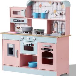 Wooden Play Kitchen Toy, Play Kitchen for Kids with Lights and Sounds, Toddler Kitchen with Ice Maker, Oven, Sink, Microwaves, Fridge and Utensil and 