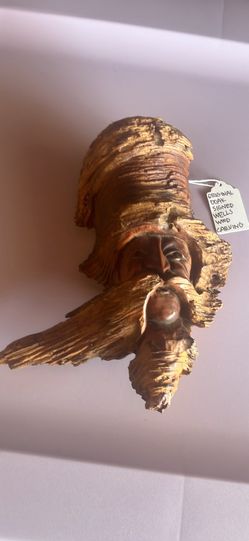 Vintage BY WELLS • RARE WOOD SPIRIT CARVING KNOT HEAD TREE FOLK ART