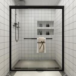 46 in. - 48 in. W x 72 in. H Sliding Framed Shower Door in Matte Black with Clear Glass