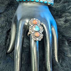Stunning Vintage Sterling Silver Coral With Turquoise Bracelet And Matching Ring Is size 61/2