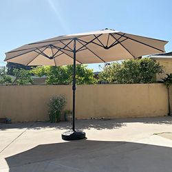 (New) $130 Large 15x9 FT Double Sided Umbrella with Weight Base set (Beige color)
