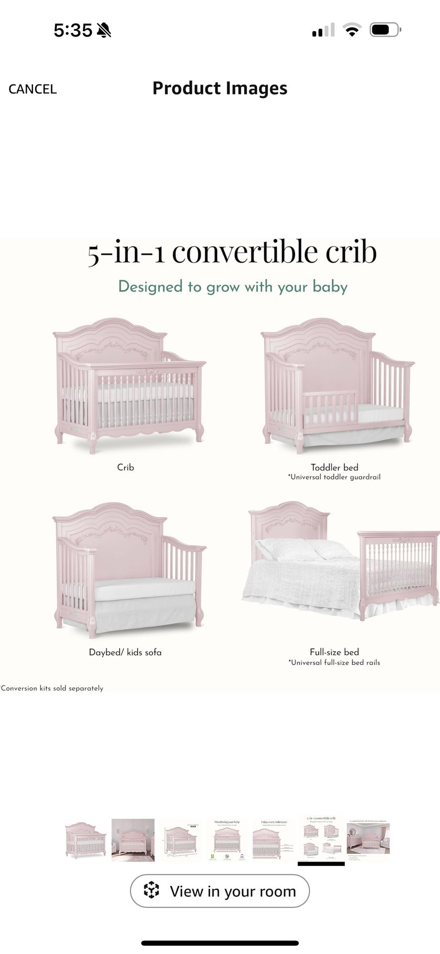 Evolur Aurora 5-in-1 Convertible Crib in Dusty Rose, Greenguard Gold Certified, Features 3 Mattress Height Settings, Sturdy and Spacious Baby Crib, Wo