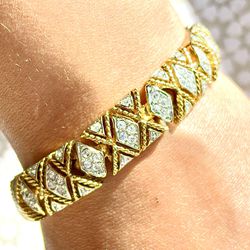 Vintage 1980s 18k Yellow and White Gold Diamond Back Link Bracelet with White Rhinestone 