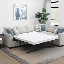 **SALE** Beautiful L-Shaped Sectional with Queen Size Pull- Out In Soft Chenille Greige Color Fabric! 