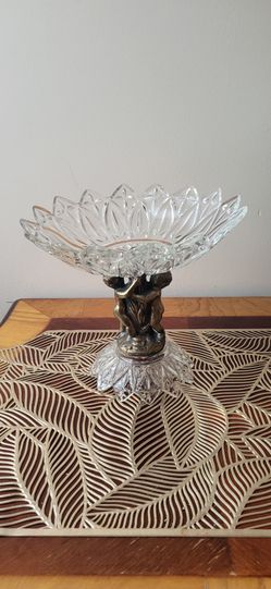 Vtge Hollywood Regency Cherub Compote Bowl Brass Press Glass Pedestal Dish