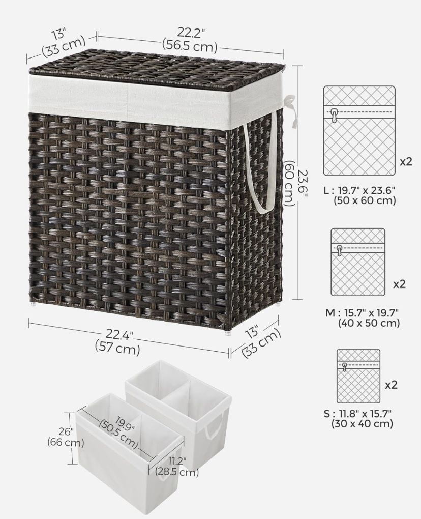 Laundry Hamper with Lid, 110L Clothes Hamper with 2 Removable Liner Bags, 6 Mesh Bags, Brown