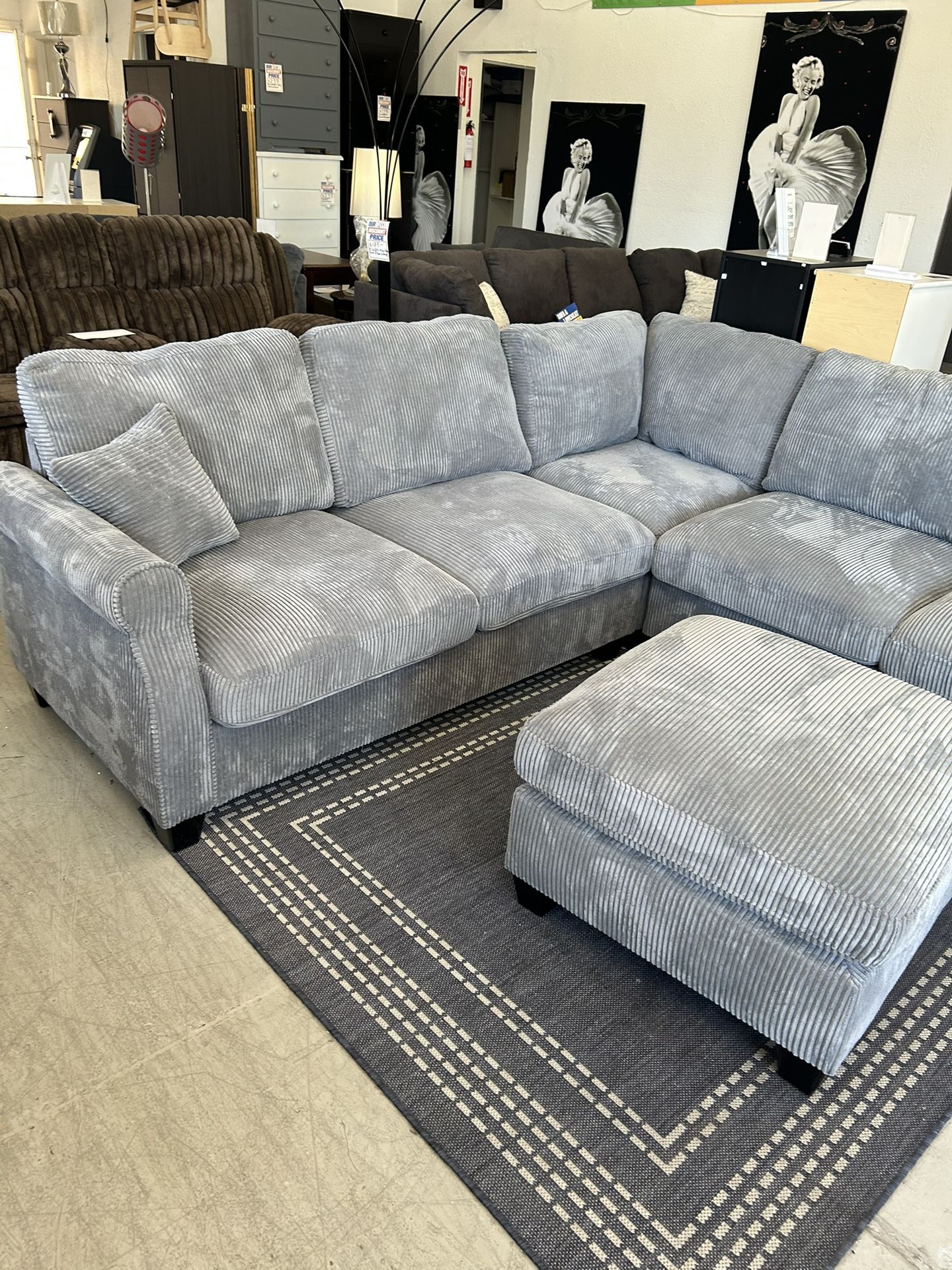 New In Box Sectional Sofa With Ottoman In Corduroy Fabric