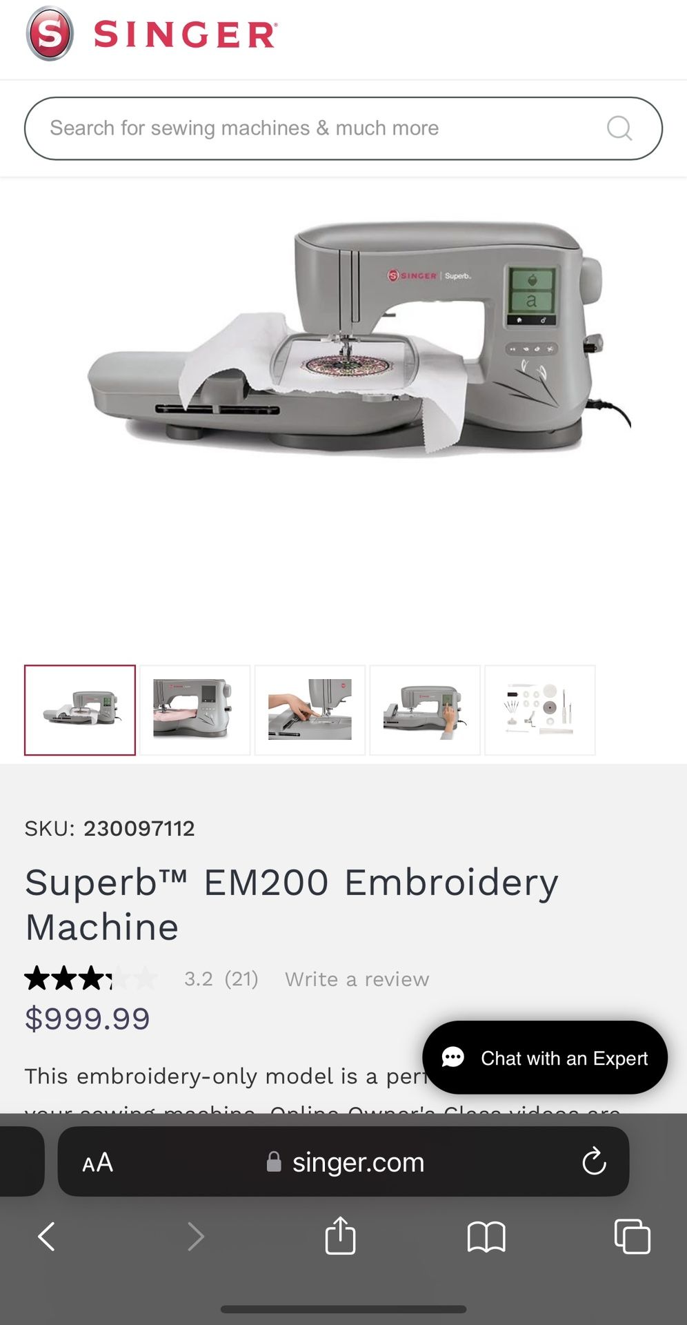 SINGER Superb EM200 Embroidery Machine