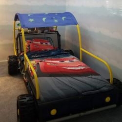 Kid's twin Car Bed w/ awning and Piano Nightstand