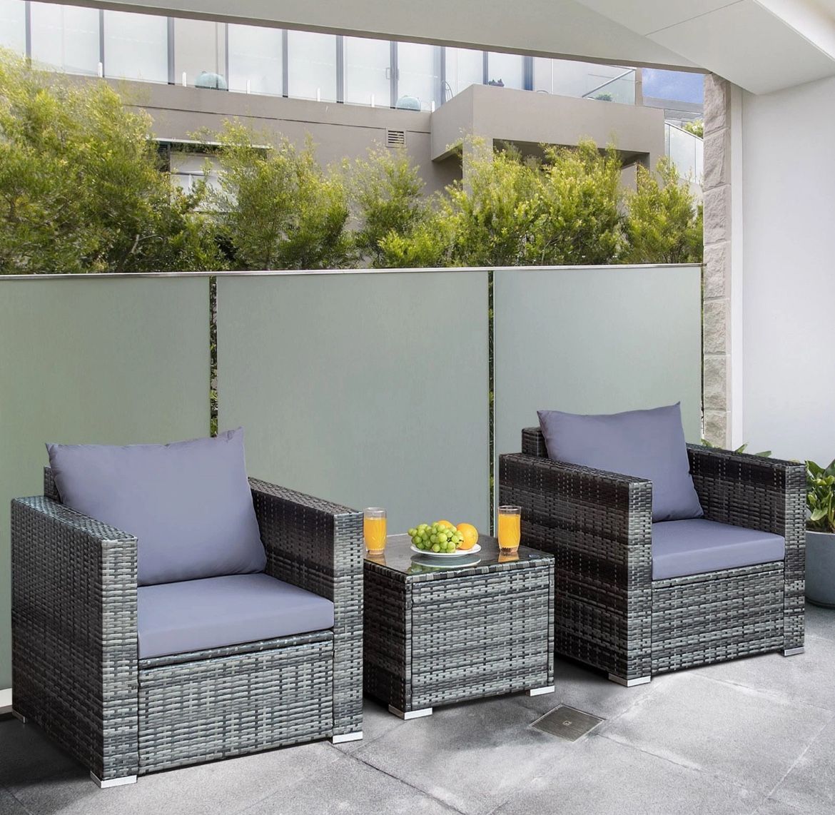 3PCS Rattan Patio Conversation Set Outdoor Furniture Set w/ Table Cushion