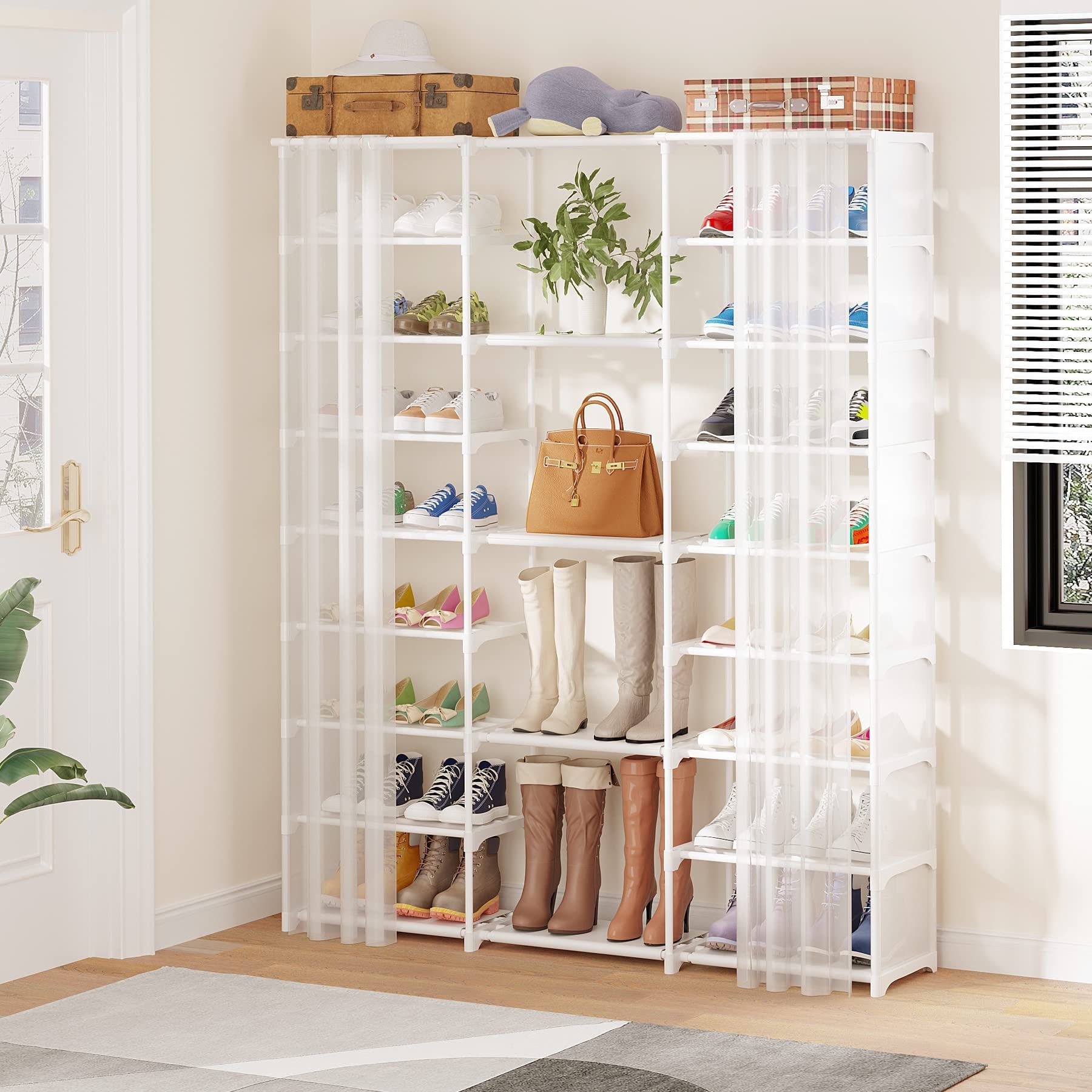 Buzowruil 9 Tiers Large Shoe Rack Shoe Storage Shoe Organizer 50-55 Pairs Shoe Tower Metal with Curtain for Entryway