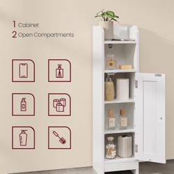 Small Storage Corner Floor Cabinet with Door, 7.9 x 7.1 x 31.5 Inches, Narrow Toilet Paper Storage Holder, Adjustable Shelves, for Bathroom, Living Ro