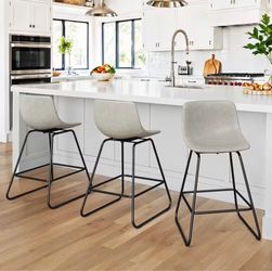Set of 3 Light Beige Gray Faux Leather Barstools Counter Height Barstools with Metal Frame