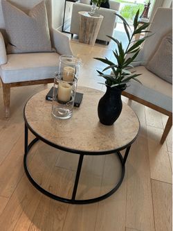 Modern Round 30" Coffee Table – Stone Top & Black Metal Base