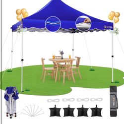 Brand New In The Box- Hoteel 10x10 Pop Up Canopy Tent for Parties with 4 Sandbags, 4 Ropes, 4 Stakes & Wavy Edge, One Person EZ Setup, Thickened 0.6mm